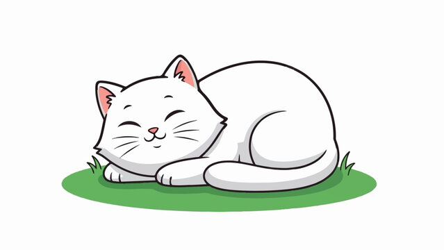 A cute cartoon white cat naps peacefully on a patch of green grass