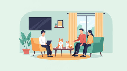 A family relaxing at home with their two corgi dogs and a tv