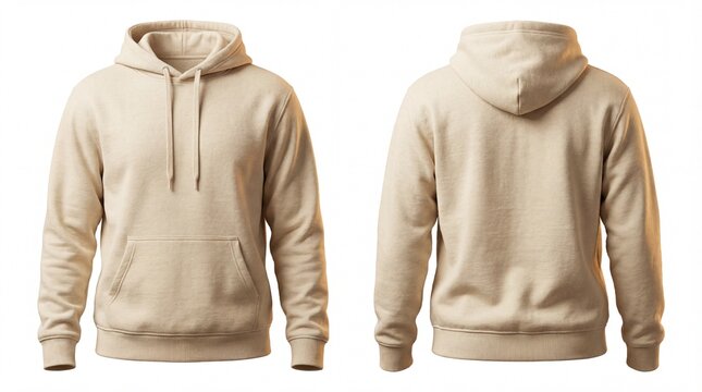 Blank beige hooded sweatshirt mockup. Front and back view of a plain sandy hoodie with kangaroo pocket and drawstring, isolated on white background for apparel template design.