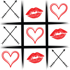 Romantic tic tac toe game board featuring arrows hearts and lipstick kisses marks for valentine celebration