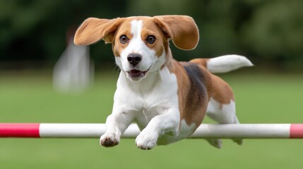 Beagle dog in midair clearing a red and white agility bar, showcasing athleticism and joy in a vibrant outdoor setting with lush green grass