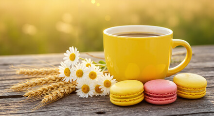 Yellow cup of coffee with macarons and flowers on wooden table  