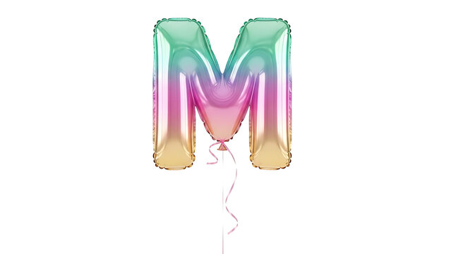 Colorful letter m balloon with ribbon on white background for party decoration