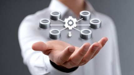 Businessman holds a floating hologram of a central processing unit, showcasing technology and innovation in a modern digital environment