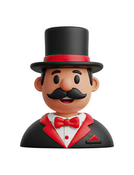 Cartoon character of a showman with a mustache wearing a top hat and formal attire