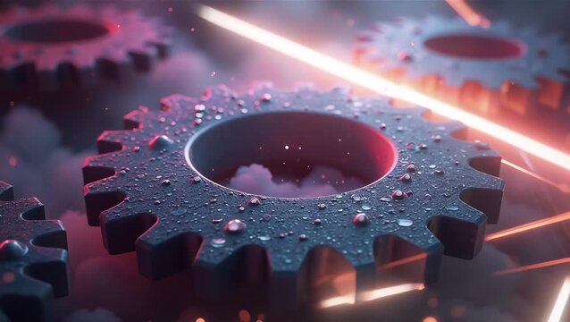 Industrial Gears with Water Droplets in a Futuristic Setting