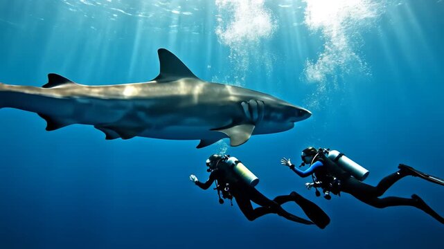 Underwater divers with shark