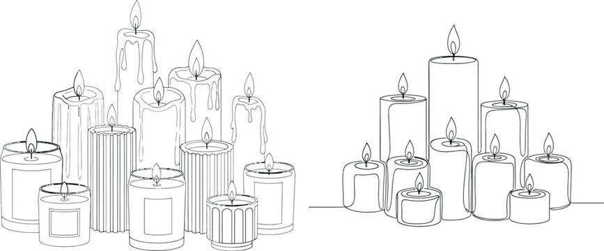 Group of glowing candles presented in two distinct line art styles for cozy decor illustrations