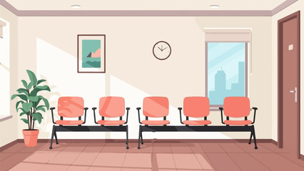 A simple waiting room with a plant, framed art, clock, and window view