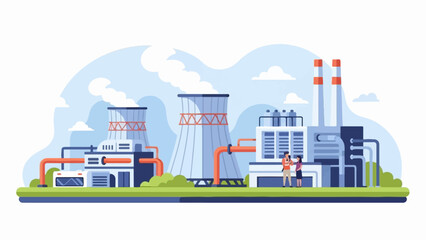 Obraz premium A stylized industrial plant with cooling towers and smokestacks, set against a blue sky