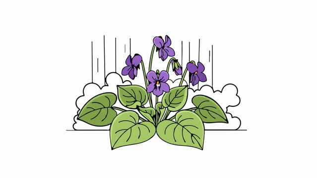 A stylized illustration of purple violets with green leaves against a simple, abstract background of vertical lines