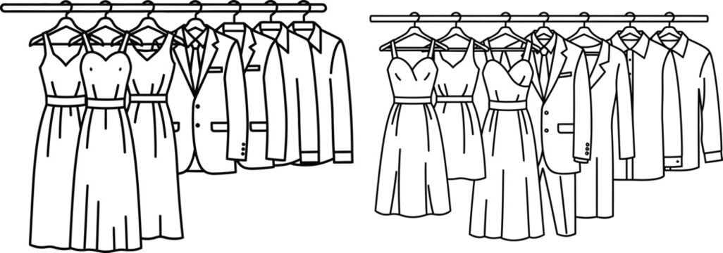 Line art drawing of various formal clothes hanging on a rack for a wardrobe collection