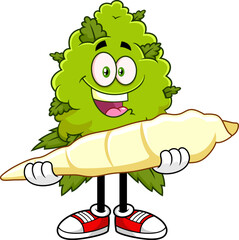 Funny Marijuana Bud Cartoon Character Holding Big Joint - Vector Hand Drawn Illustration Isolated On Transparent Background