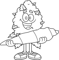Black and White Marijuana Bud Cartoon Character Holding Big Joint &ndash; Vector Hand Drawn Illustration Isolated On Transparent Background