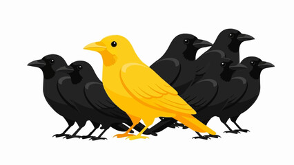 Obraz premium A single bright yellow bird stands out from a group of black birds