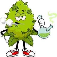 Relaxed Marijuana Bud Cartoon Character Smoking Bong - Vector Hand Drawn Illustration Isolated On Transparent Background