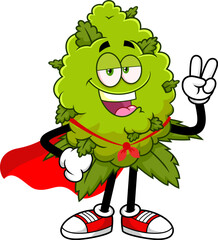 Superhero Marijuana Bud Cartoon Character With Cape and Peace Sign - Vector Hand Drawn Illustration Isolated On Transparent Background
