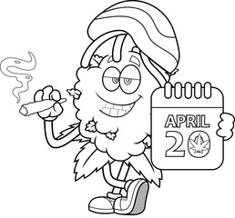 Chill Weed Bud Cartoon Character With 420 Calendar &ndash; Black and White Vector Hand Drawn Illustration Isolated On Transparent Background