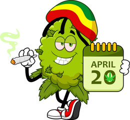 Rasta Marijuana Bud Cartoon Character Holding 420 Calendar and Smoking Joint - Vector Hand Drawn Illustration Isolated On Transparent Background