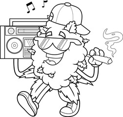 Groovy Weed Bud Cartoon Character With Boombox &ndash; Black and White Vector Hand Drawn Illustration Isolated On Transparent Background