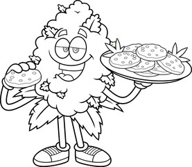 Snacky Marijuana Bud Cartoon Character With Cookies &ndash; Black and White Vector Hand Drawn Illustration Isolated On Transparent Background