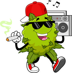 Hip Hop Marijuana Bud Cartoon Character With Boombox and Smoking Joint - Vector Hand Drawn Illustration Isolated On Transparent Background