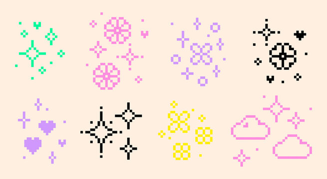 Kawaii Y2K pixel icon set with sparkling stars, hearts, flowers and clouds. Color vector elements in 8bit retro style for festive stickers, games, social media, video overlays and playful party design