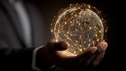 Businessperson holding glowing digital globe network in dark studio, visionary global technology - Powered by Adobe