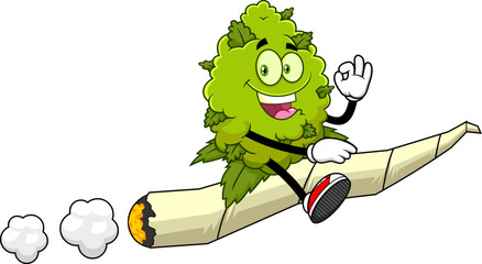 Happy Marijuana Bud Cartoon Character Riding Giant Joint and Showing OK Hand Sign - Vector Hand Drawn Illustration Isolated On Transparent Background