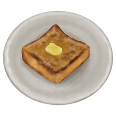 Toast with butter on a plate watercolor illustration