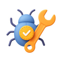 A charming blue bug character holding an orange wrench ideal for debugging on transparent background