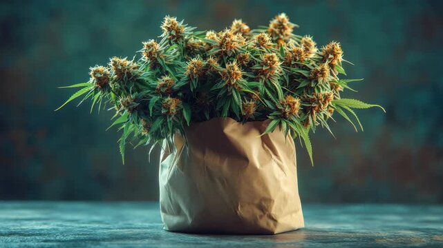 Growing cannabis plant with flowers in a brown paper bag on a table