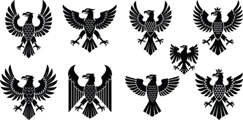 Set of majestic heraldic eagle emblems with spread wings in various traditional and modern styles
