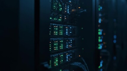 Dark server room with blinking green and blue lights on multiple data racks. - Powered by Adobe