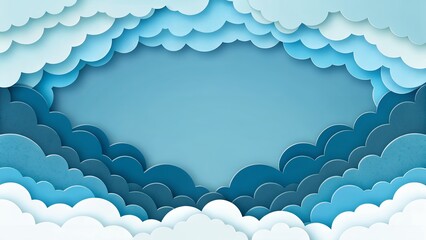 Creative frame made of soft blue and white paper-cut style clouds