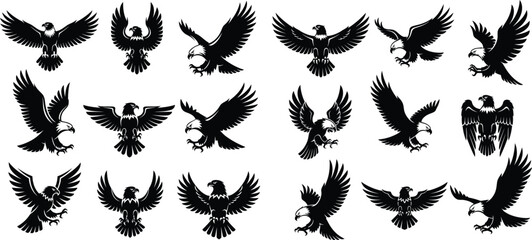 Fototapeta premium Silhouettes of powerful eagles in diverse flying, soaring, and perching poses for emblem and logo design