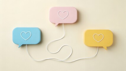 Minimalist 3D chat bubbles with a heart symbol on light background