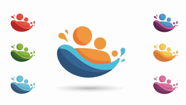 Abstract colorful fluid shapes with multiple small circles representing a group