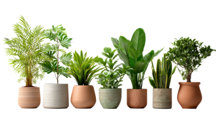 Row of potted houseplants in mixed varieties arranged side by side with lush green foliage, varied leaf shapes, and tidy indoor decor styling isolated on transparent background.
