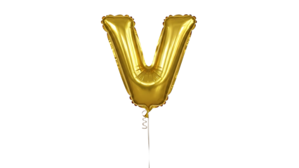 Golden v shaped balloon floating in the air on white background for celebration
