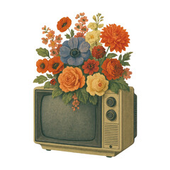 Fototapeta premium PNG Vintage television with blooming flowers