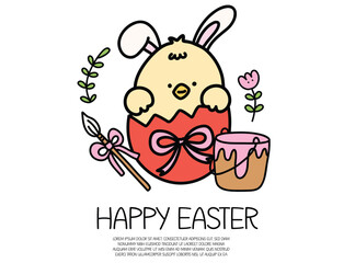 Cute Easter Chick in Eggshell with Bunny Ears and Paint Bucket Illustration, Happy Easter Greeting Card Design with Adorable Yellow Chick and Pastel Eggs