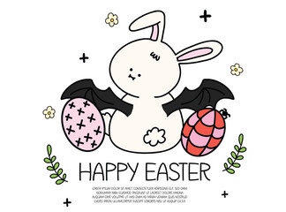 Pastel Goth Bunny Easter Greeting Card Design, Spooky Cute Rabbit, Cute Gothic Bunny with Bat Wings, Easter Eggs and Flowers, Creepy Cute Vector