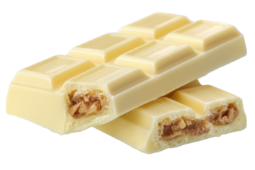 White chocolate bar with a cutaway showing creamy filling, segmented squares, smooth sweet surface, and rich confectionery detail isolated on transparent background.
