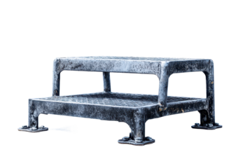 Small metal step platform low riser with anti-slip tread surface, sturdy industrial frame, and compact utility design isolated on transparent background.

