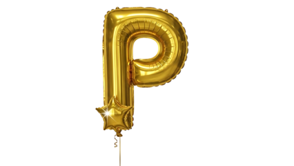 Golden letter p balloon with star shaped balloon on white background for celebration
