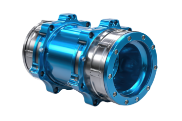 Blue metallic cylindrical engine component with machined grooves, bolt points, and realistic industrial surface wear details isolated on transparent background.
