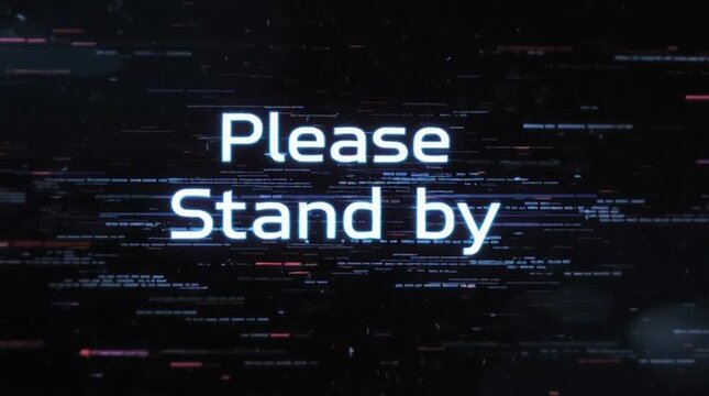 A contemporary broadcast interruption screen with a dark background, flashing "Please Stand By" text, and gentle digital glitch effects