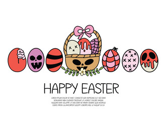 Gothic Happy Easter greeting card with creepy bunny wearing a skull mask and spooky decorated eggs. Creepy cute Easter basket with skull face and dark festive eggs in pink and red.