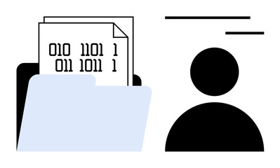 Data security, user profiles, digital identity, document management, information storage, technology. Binary files inside a folder and a user icon. Data security and user profiles visualization © robu_s